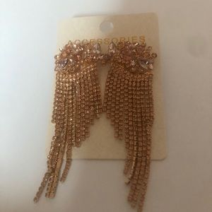 Extra Large, Extra Long Dangle Earrings W/ Glass Gem Cluster And Metalic Strands